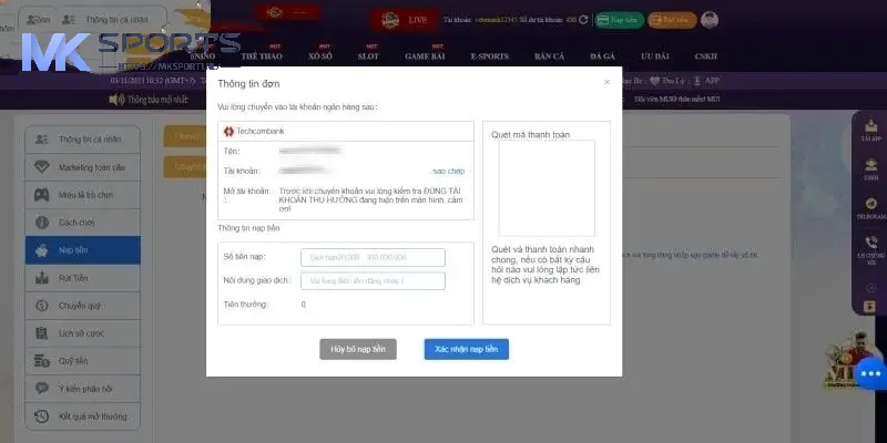 Nạp tiền MKSports thông qua hệ thống thanh toán tiện lợi